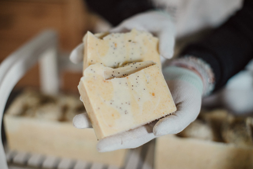 Hand holding a bar of soaps with a blurred background
