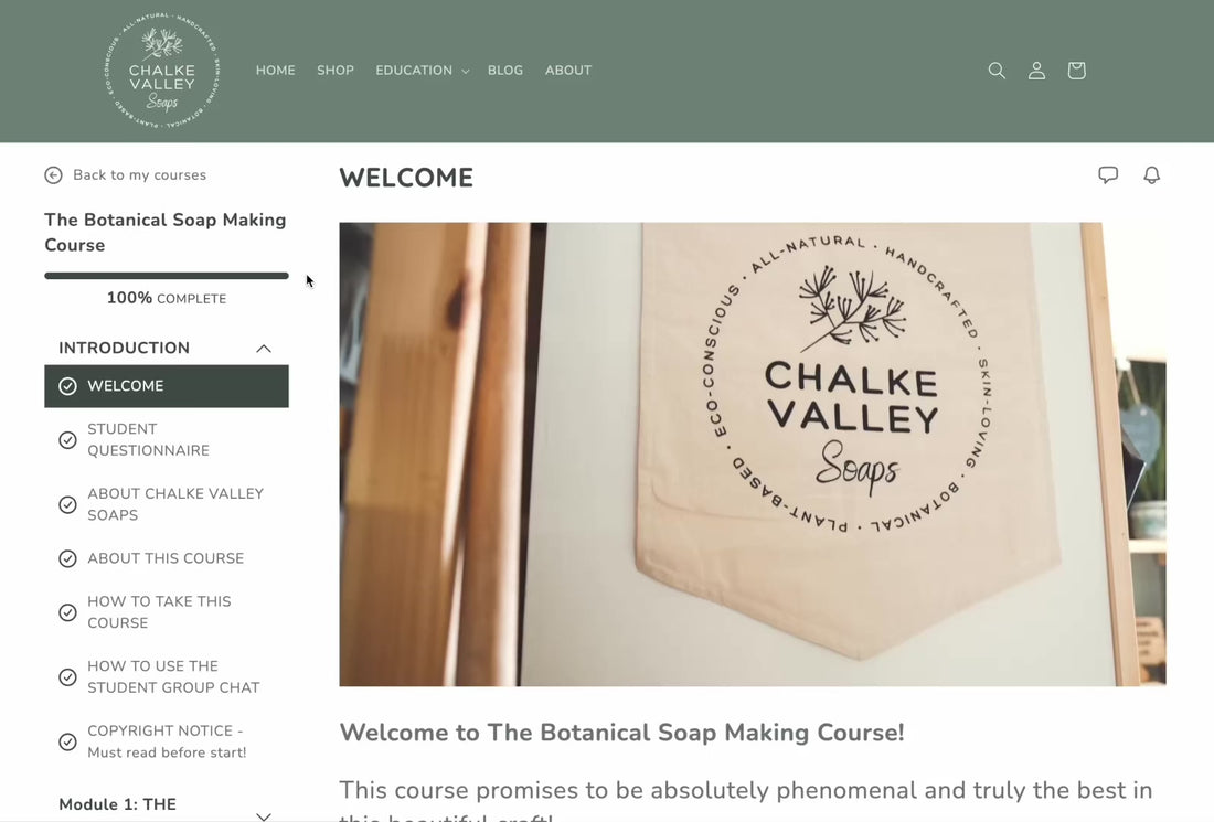 Sneak peek into the botanical soap making course by Chalke Valley Soaps - reveal lesson titles within modules.